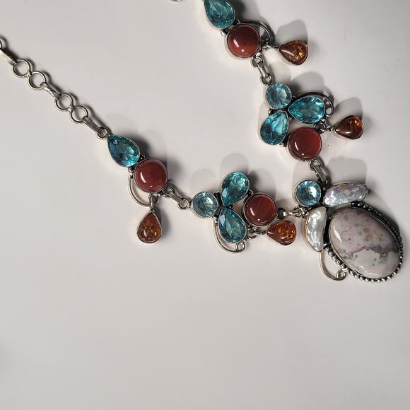Sterling Silver Gemstone Necklace With Blue Topaz, Carnelian, Amber, And Pearls - Picture 7 of 10